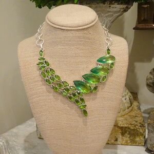 Lime Green & Olive Green Peridot Glass Jewel Big Bib Statement Necklace